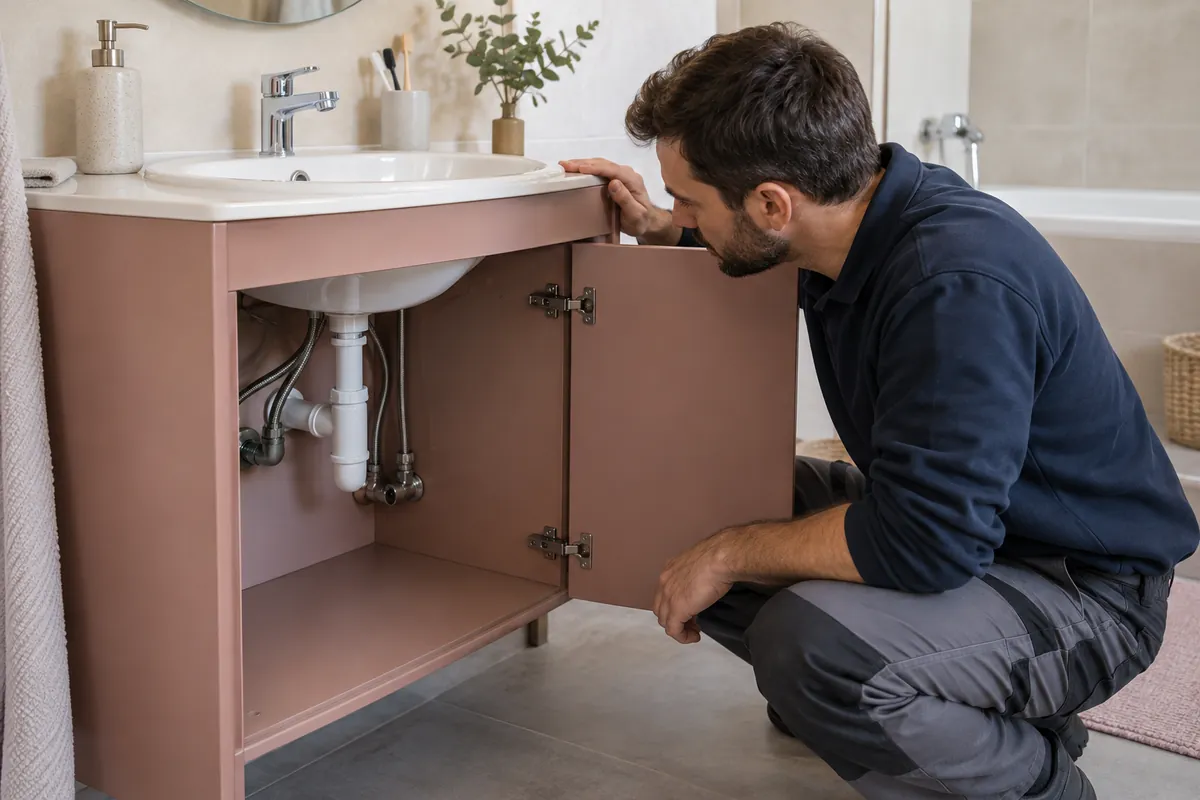 Inspection de l’évacuation d’une vasque sur un meuble rose.