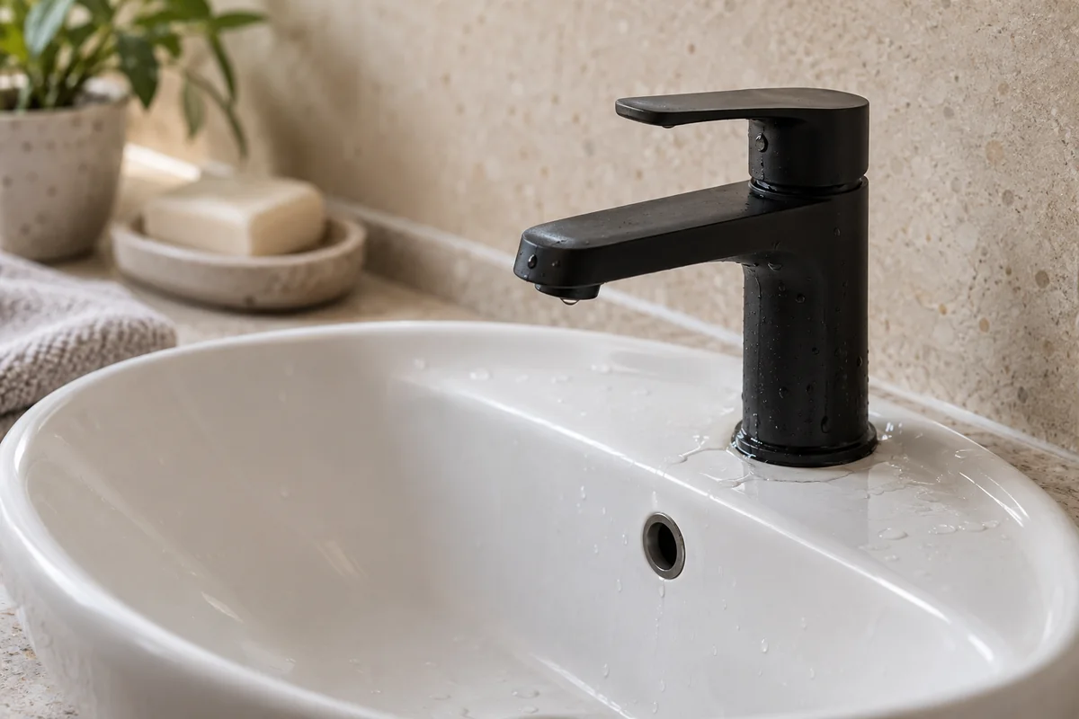 Humidité à la base d’un mitigeur noir sur un lavabo blanc.