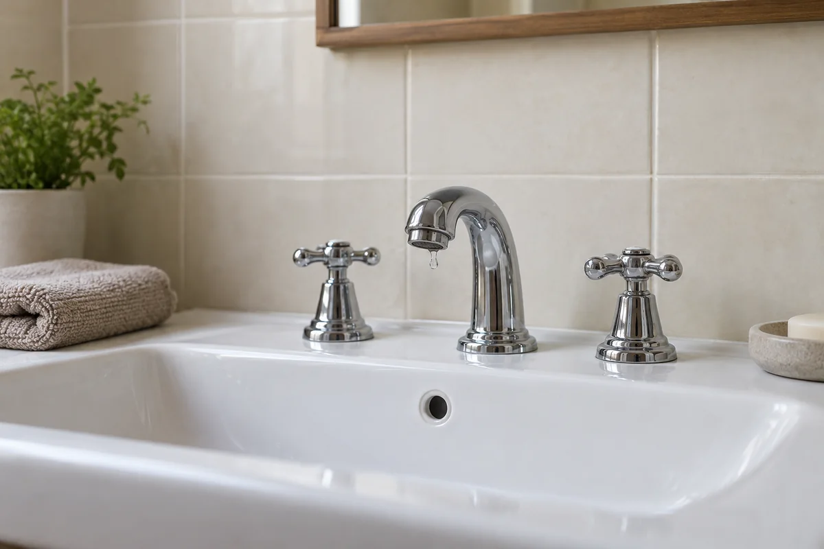 Robinet de lavabo à deux commandes avec une goutte au bec.
