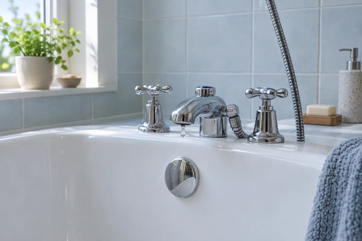 Mitigeur de baignoire chromé dans une salle de bains.