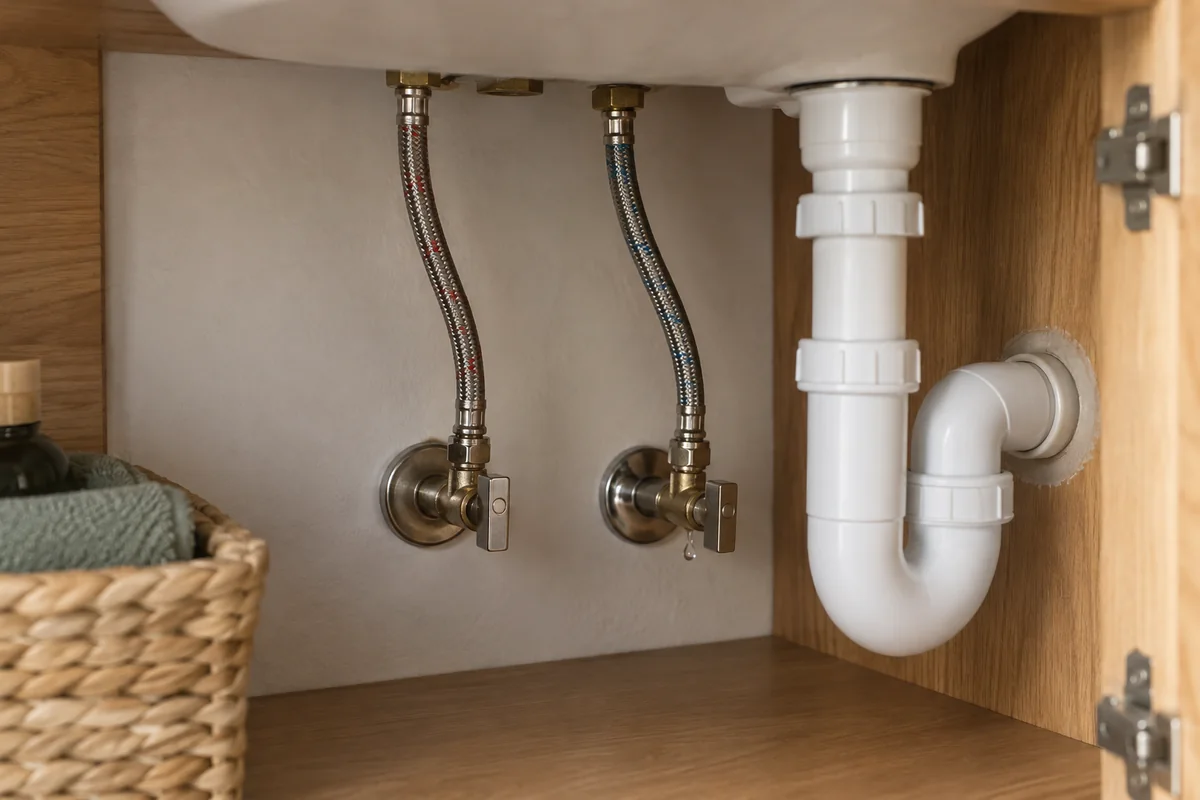 Flexibles d’alimentation raccordés sous un lavabo.