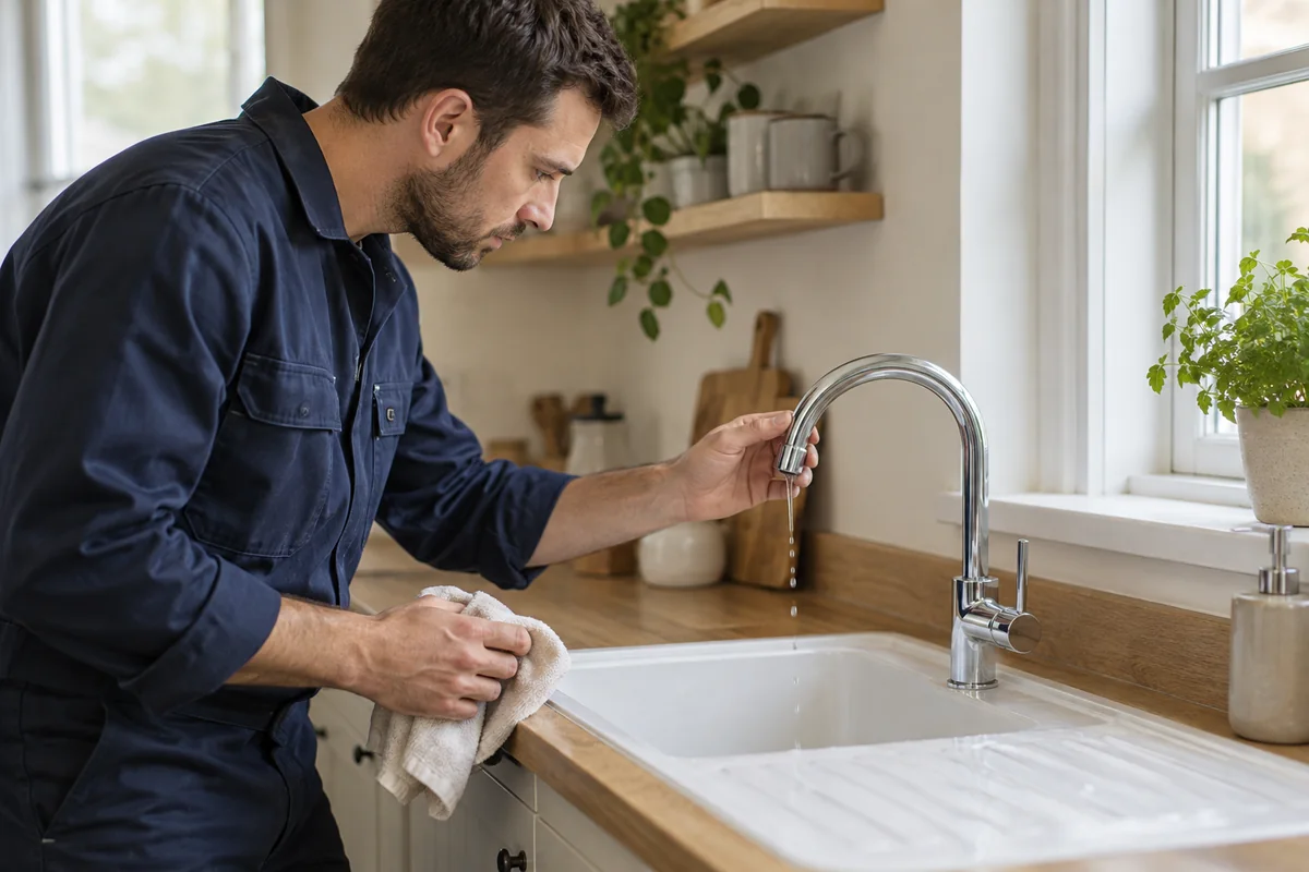 Professionnel observant un mitigeur de cuisine qui goutte.