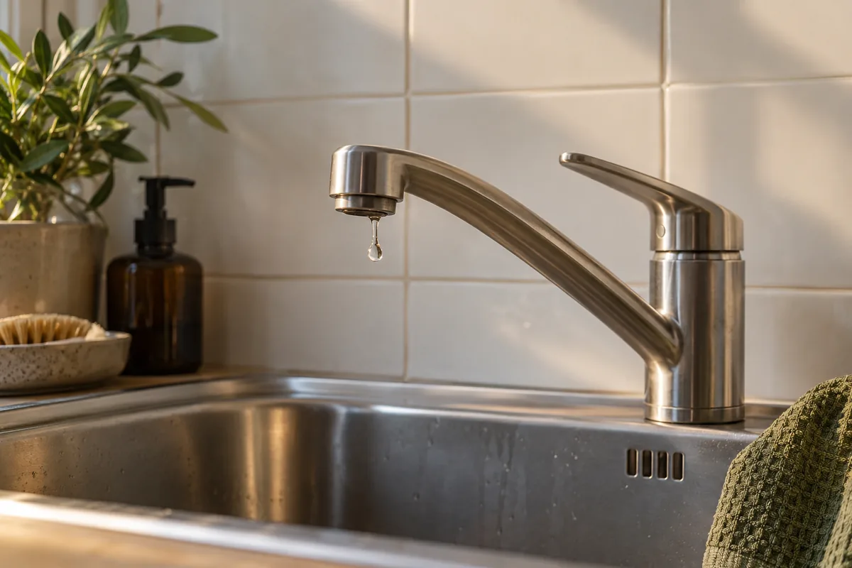 Goutte au bec d’un robinet de cuisine en acier brossé.