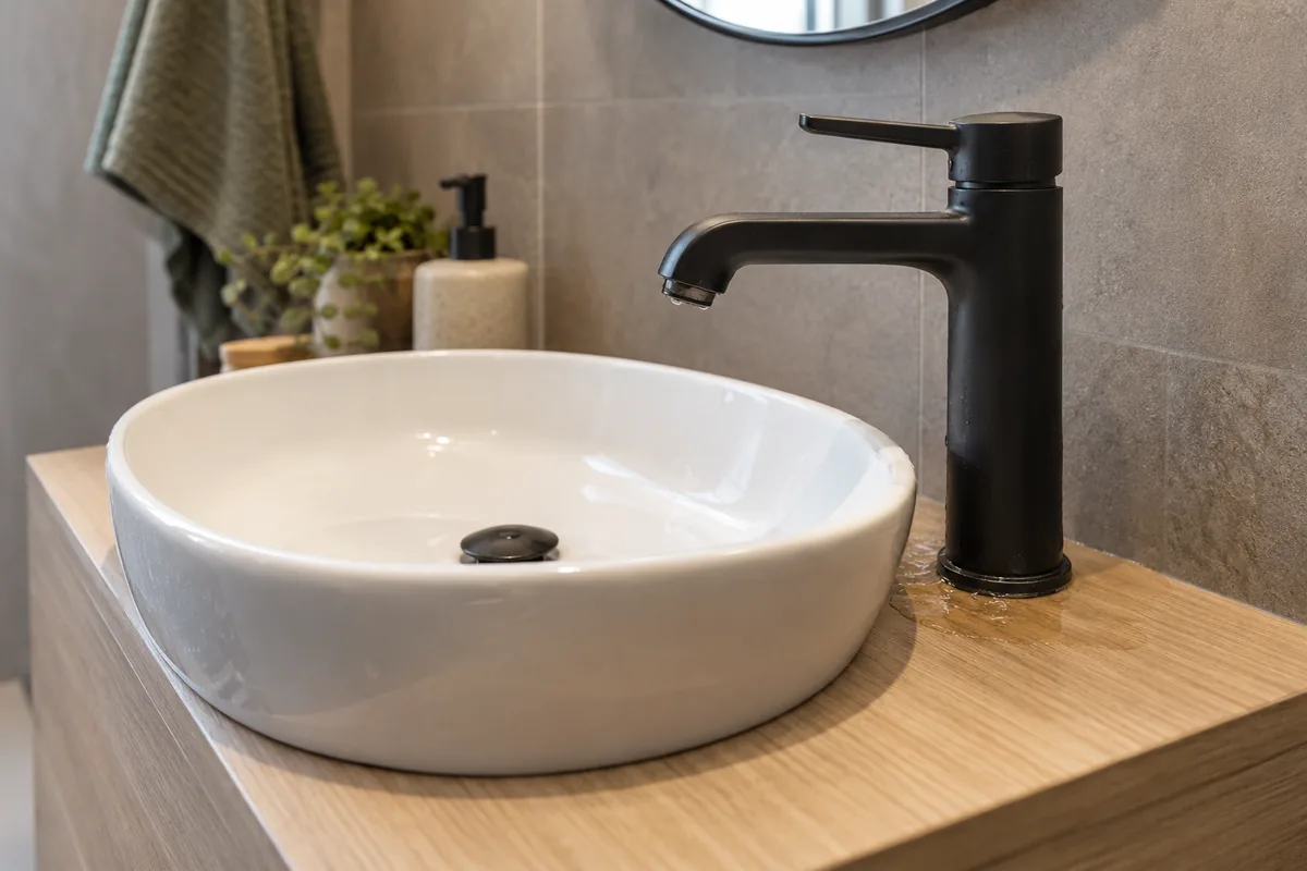 Mitigeur noir installé sur une vasque en céramique.