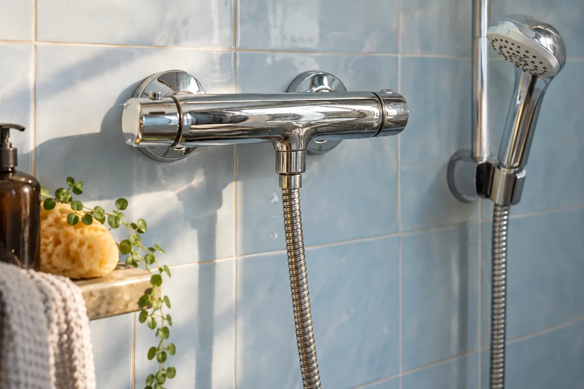 Goutte sur le raccord d’un flexible de douche.