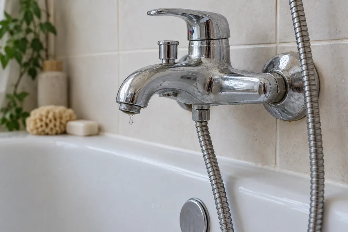 Robinet de baignoire chromé et raccordement de douche.