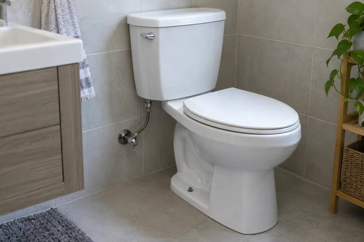 Toilettes avec raccord d’alimentation visible dans une petite salle d’eau.