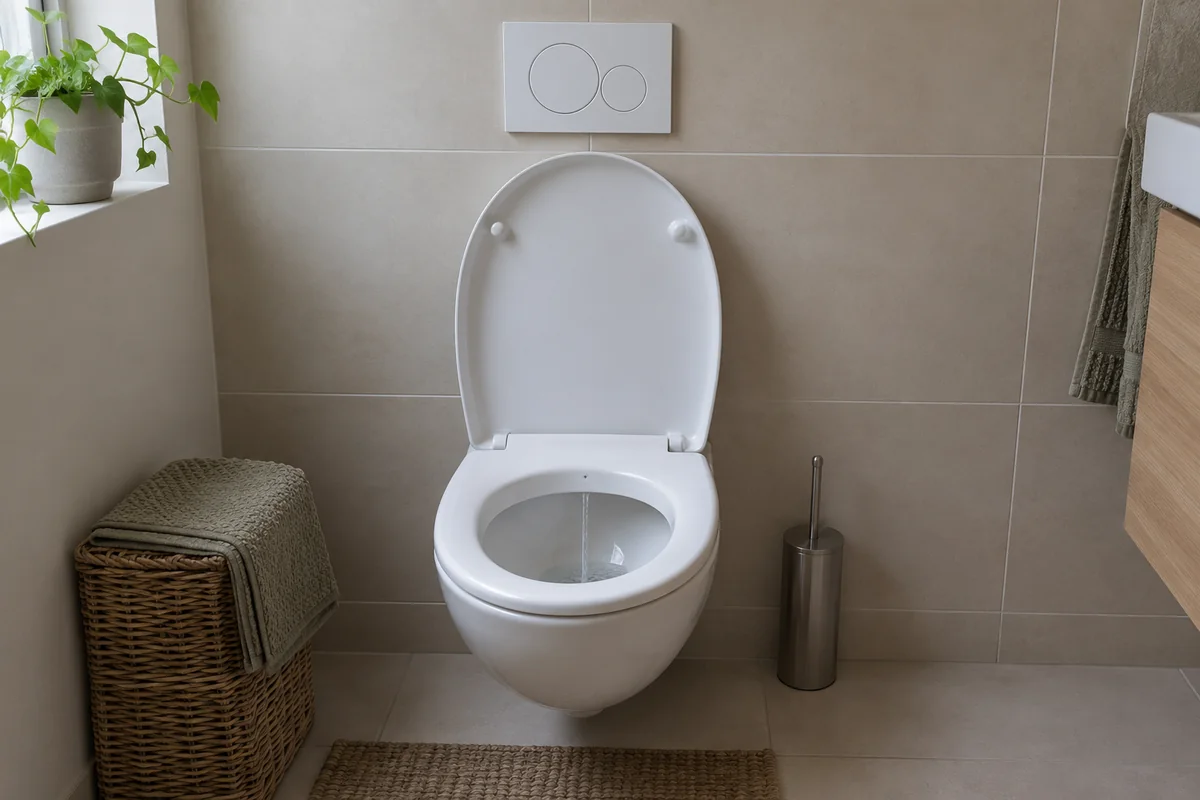 WC suspendu et plaque de commande dans une salle d’eau.