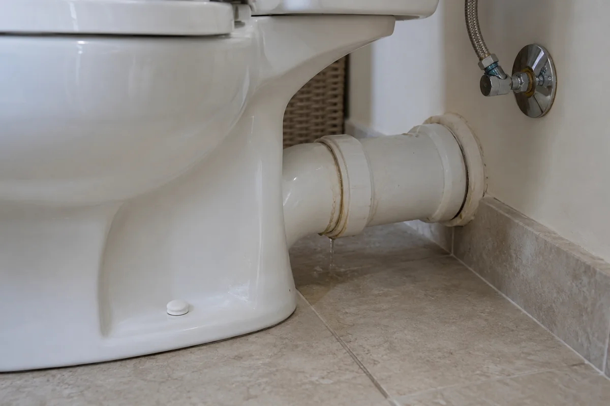 Raccord d’évacuation derrière des toilettes au sol.