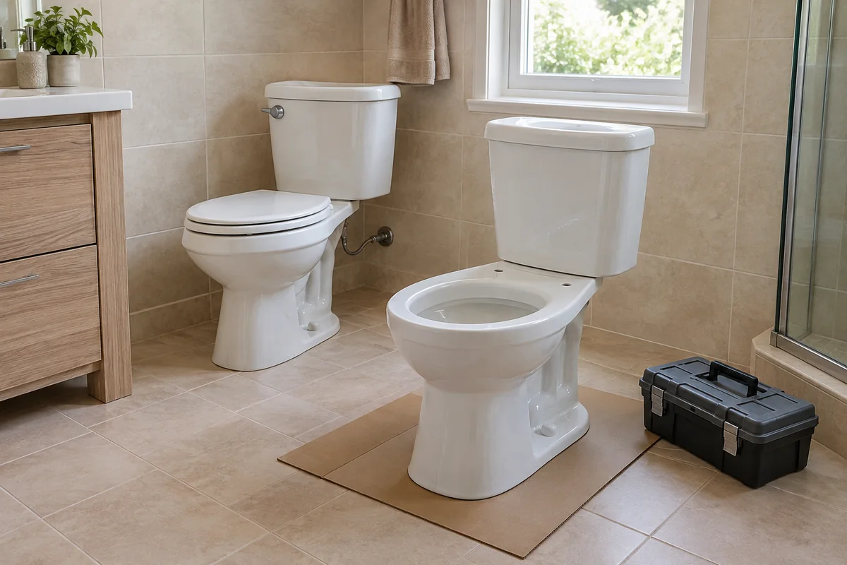 Préparation du remplacement de toilettes dans une salle de bains.