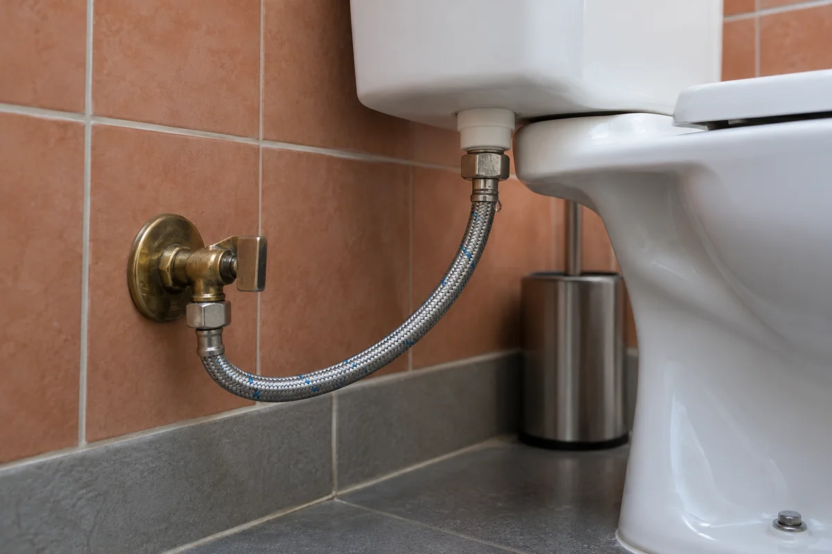Flexible et robinet d’alimentation raccordés à un réservoir de WC.