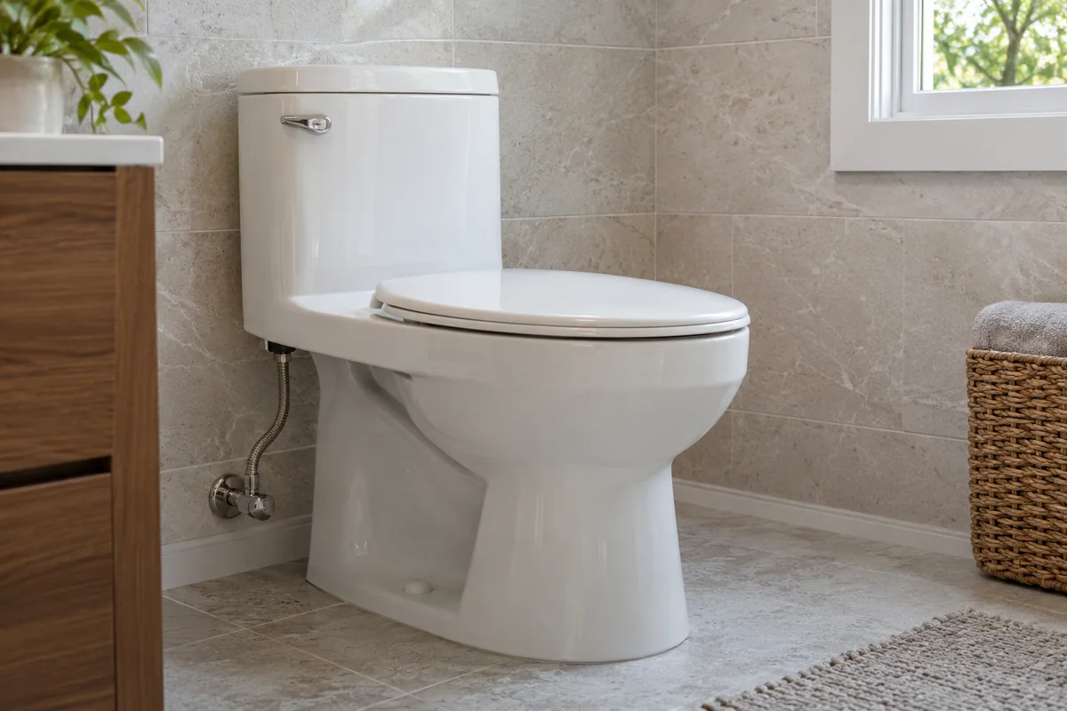 WC monobloc et ses raccordements accessibles.