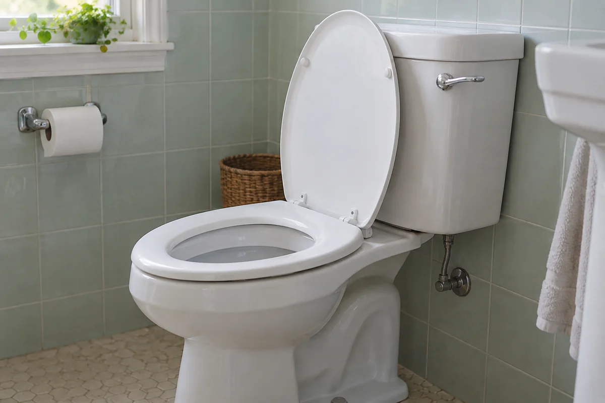 Chasse d’eau à commande latérale sur des toilettes traditionnelles.