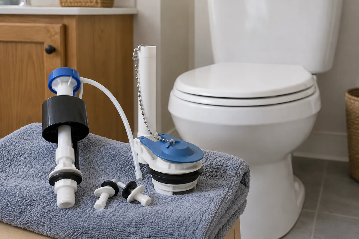 Pièces de chasse préparées à côté de toilettes.
