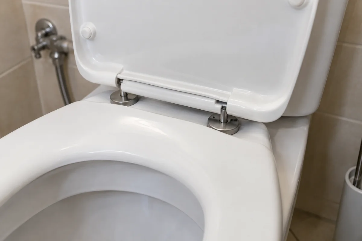 Fixation de l’abattant sur une cuvette de toilettes.