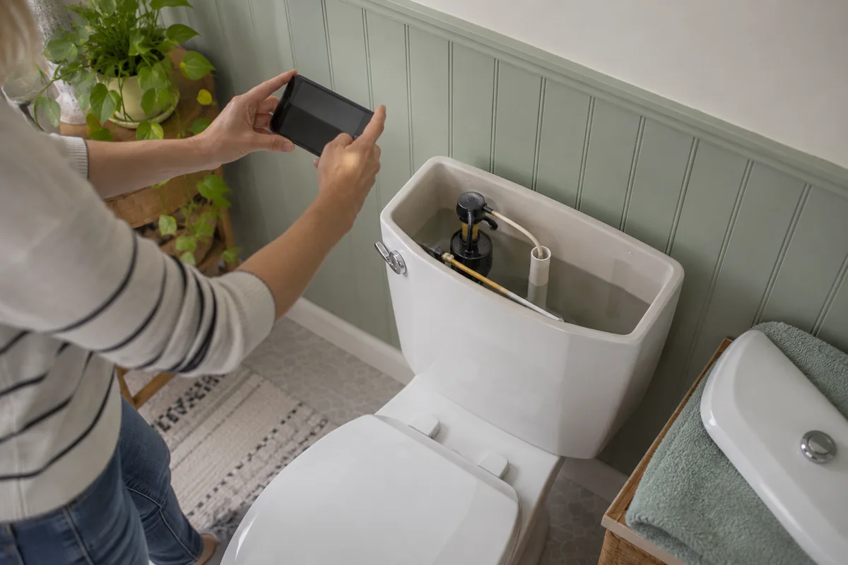 Photo du réservoir d’un WC pour préparer une demande.