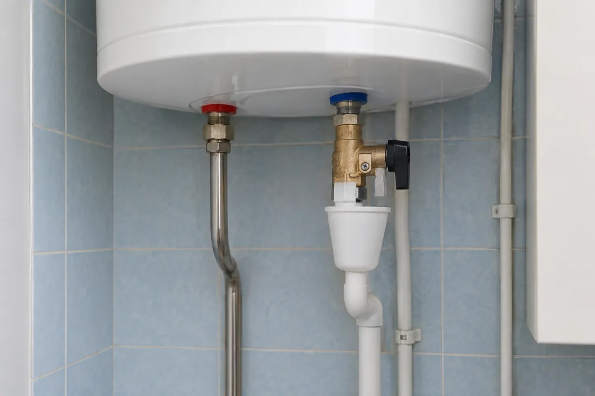 Détail des raccordements d’eau et de l’évacuation sous un ballon.