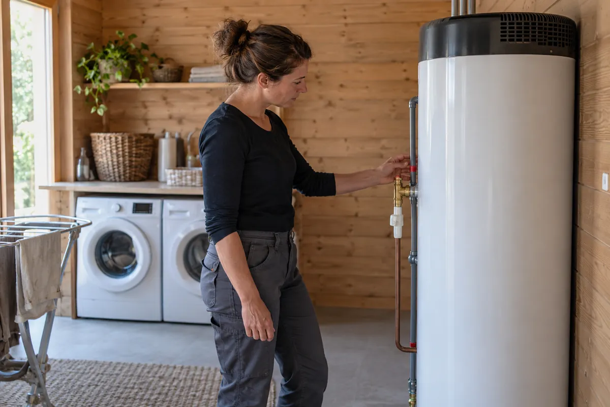 Contrôle côté eau d’un chauffe-eau thermodynamique dont les capots restent fermés.