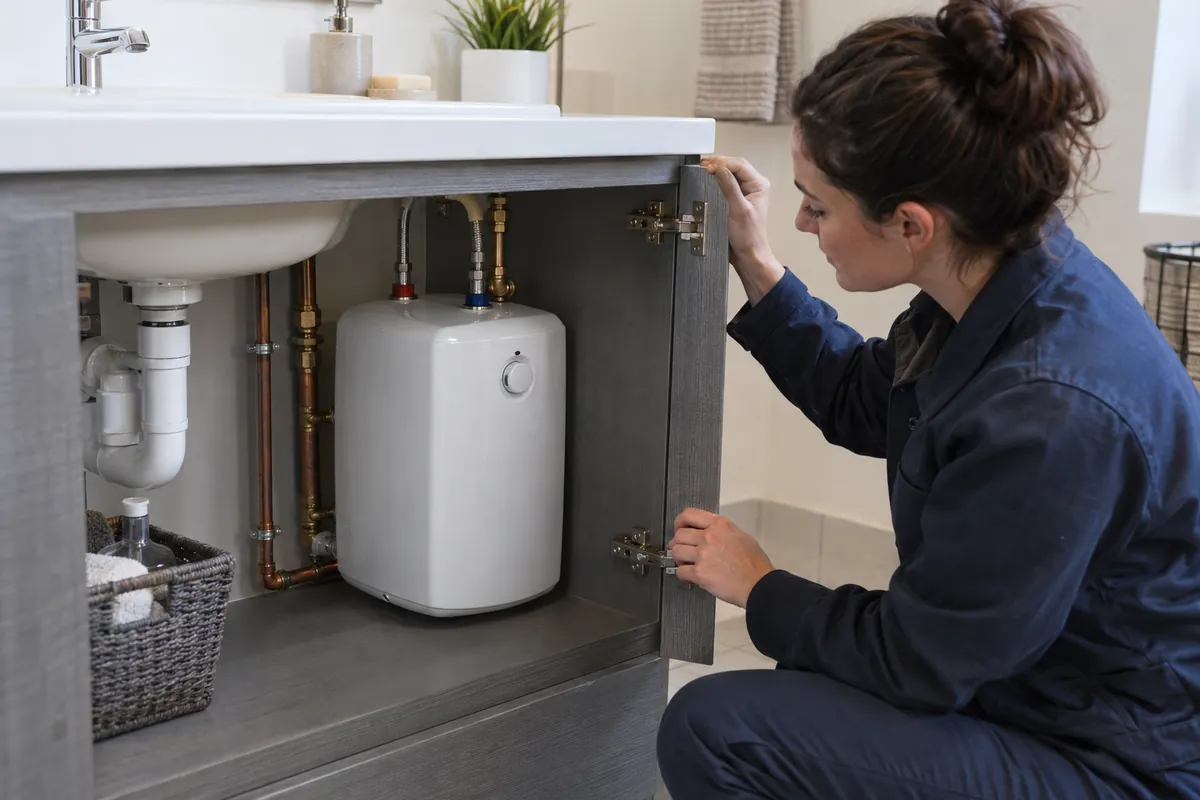 Observation d’un petit chauffe-eau et de ses flexibles dans un meuble ouvert.