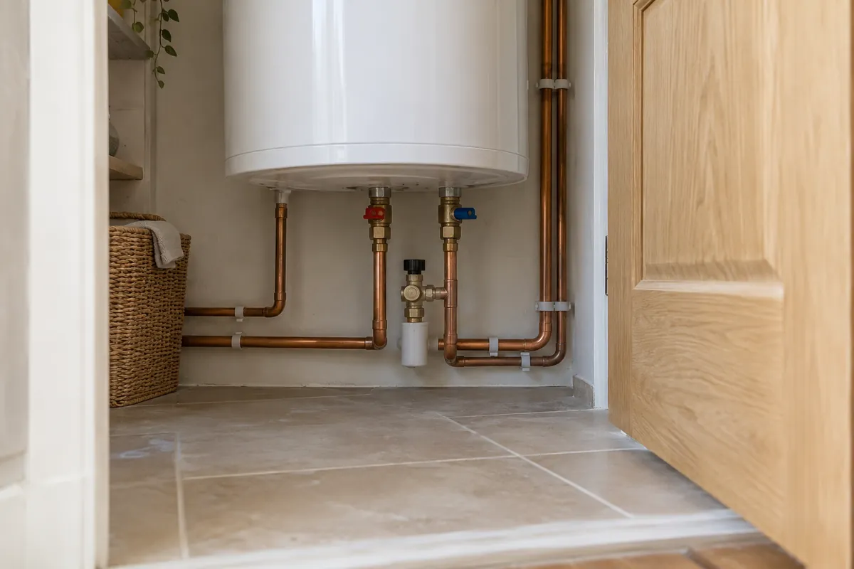 Accès aux conduites d’eau dans un placard de chauffe-eau.